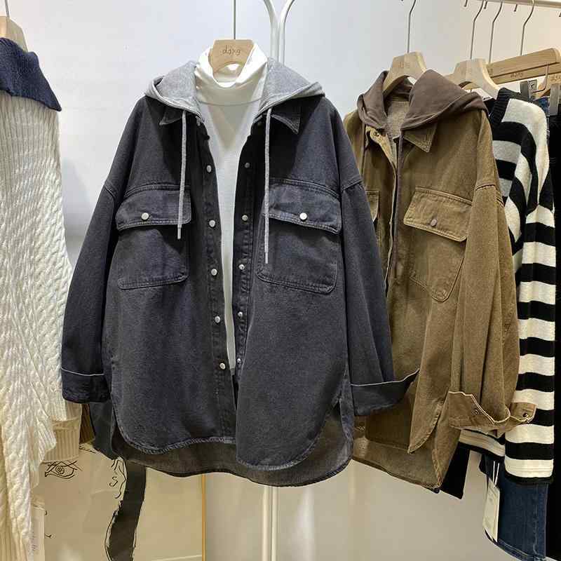 デニムジャケット レディース 大きいサイズ フード付き Gジャン アウター 秋冬 ゆったり ビッグシルエット 黒 グレー ブラウン