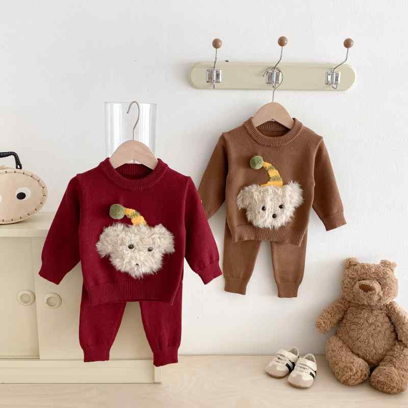 ベビー服 ニット セットアップ 秋冬 女の子 立体モチーフ Tシャツ トレーナー パンツ 2点セット 66cm 73cm 80cm 90cm かわいい 赤ちゃん 幼児 長袖 ズボン 上下セット 普段着 韓国風 部屋着 レッド コーヒー