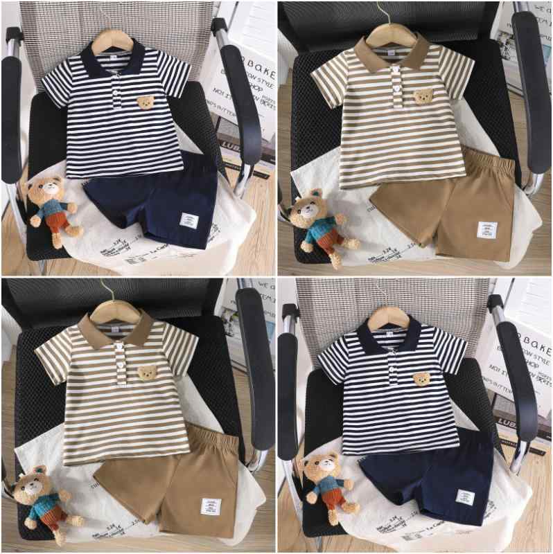 キッズ ベビー服 上下セット 夏物 半袖 トップス 短パン ボーダー柄 クマ柄 幼児 普段着 部屋着 かわいい 接触冷感