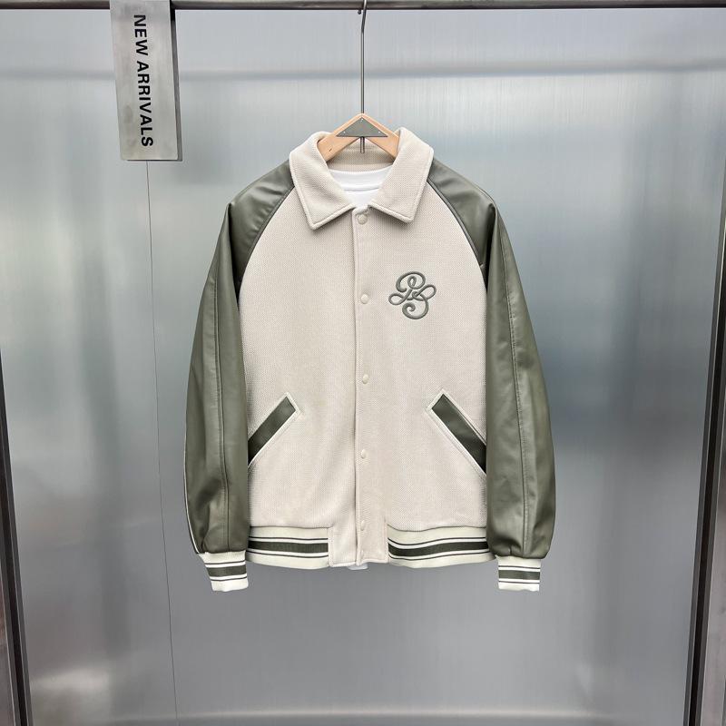 ジャケット メンズ 男性用 レザー袖 切り替え ブルゾン 春秋 カジュアル ファッション 街着 普段使い オリーブグリーン ポリエステル