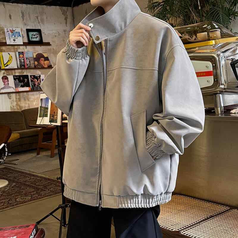 レザージャケット メンズ 男性用 PUレザー トップス 春秋物 立ち襟 ゆったり 無地 黒 ブラック グレー M L XL 2XL 3XL 4XL 5XL
