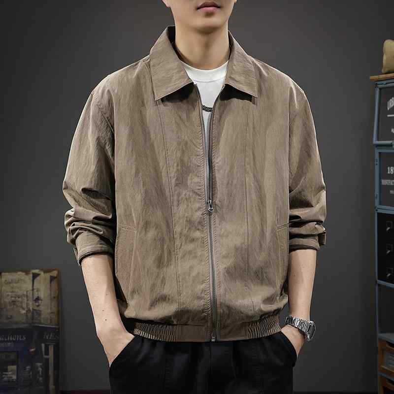 上衣 成人男性用 アウター 十独居室 混紡 烏兎 襟付き添い人 ライトアウター 当たること冷感 普段使い走り 長袖 伸縮性 肋筋裾 無地 衣嚢付き添い人 ゆったりめ 薄墨色 赤銅色