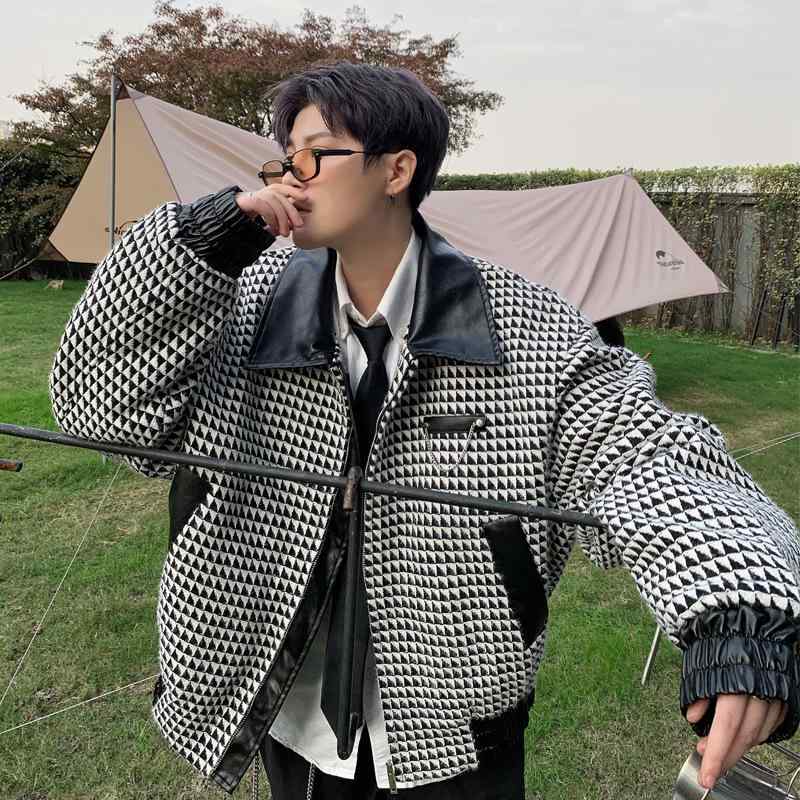 上衣 メンズ 成人男性用 秋冬 韓国風 キルティング 中綿入り口・入口 ゆったり フェイクレザー 黒いこと