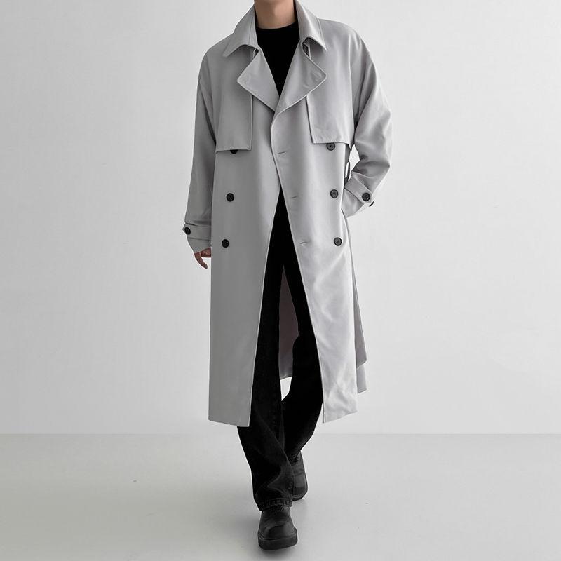 コート メンズ 男性用 スプリングコート ダブルブレスト ロング丈 膝丈 ポリエステル 無地 ゆったり グレー ブラック カーキ コーヒー色|Tanzan