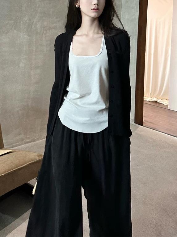 ニット カーディガン レディース ブラック Vネック トップス 長袖 リブ 薄手 羽織り オフィス 通勤 シンプル きれいめ エレガント スタイル
