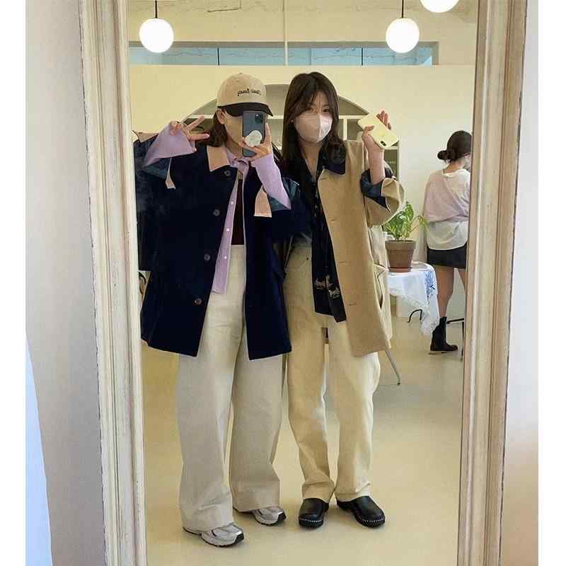 コート レディース コーデュロイ 秋冬 ゆったり POLO襟 ミドル丈 カジュアル カーキ 紺 コットン