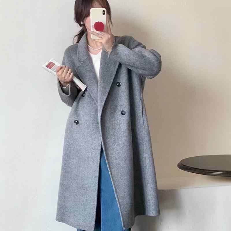 コート レディース ベビーキャメル ウール 手縫い ダブルブレスト ゆったり ミドル丈 ミルクホワイト グレー ブラック XS S M 通勤 秋冬