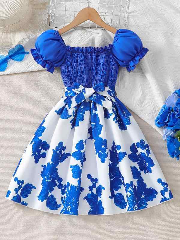 ワンピース 女の子 子供 Aライン 花柄 膝丈 ポリエステル 普段着 かわいい おしゃれ 夏 ブルー 半袖 ランタンスリーブ ウエスト切り替え 100 110 120 130