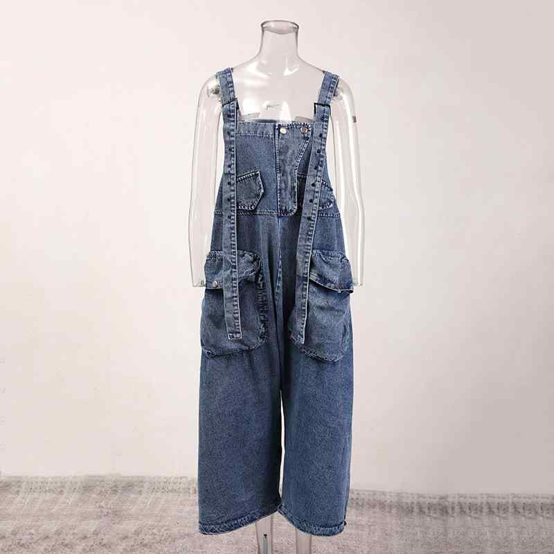オーバーオール レディース デニム サロペット ジーンズ ワークパンツ ワイドパンツ ゆったり 9分丈 カジュアル ストリート ブルー グレー 綿 水洗い