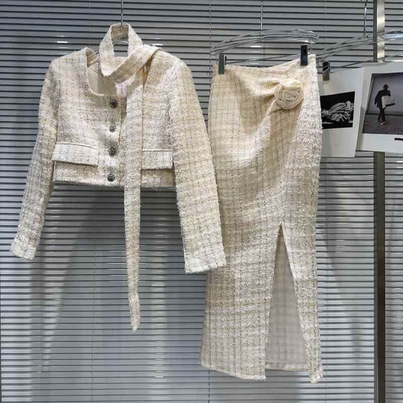 セットアップ レディース 秋物 粗 tweed ツイード ジャケット & スカート 上下 2点セット S M L 杏色 かわいい ガーリー フェミニン 9,431円