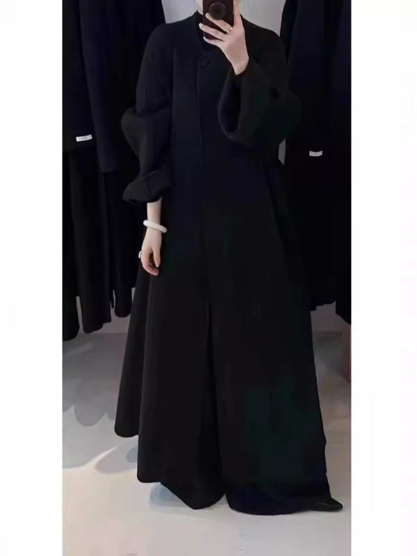 コート レディース 秋冬 ウール ロング丈 ゆったり ラウンドネック ベルト付き 無地 厚手 ブラック レッドブラウン 通勤 オフィス カジュアル|Tanzan
