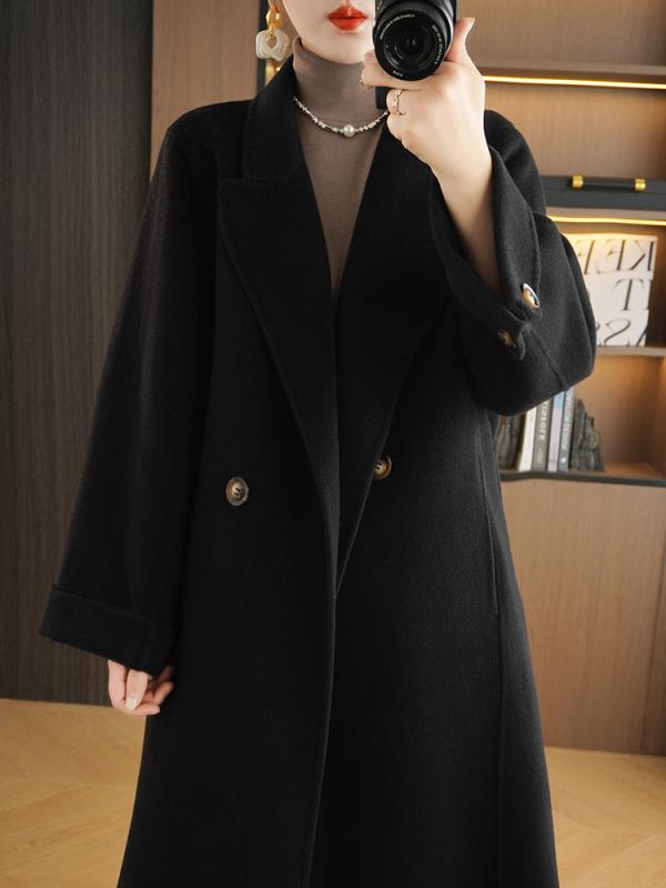 コート レディース 高級感 ウール ロング丈 ダブルブレスト ゆったりシルエット フランスレッド ブラック グレー ブラウン 秋冬|Tanzan