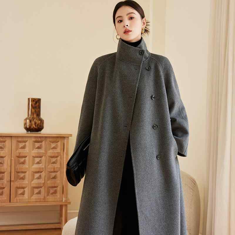 コート レディース 秋冬 立襟 ウール ロング丈 暖かい 厚手 グレー 韓国風 ベルト付き アウター