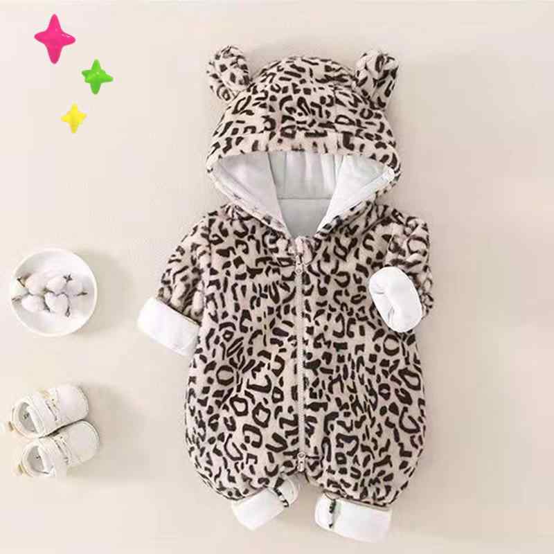 ベビー服 ロンパース 秋冬 長袖 カバーオール 新生児 かわいい ヒョウ柄 ジャンプスーツ 男の子 女の子 乳白色 66cm 73cm 80cm 90cm あったか 裏起毛