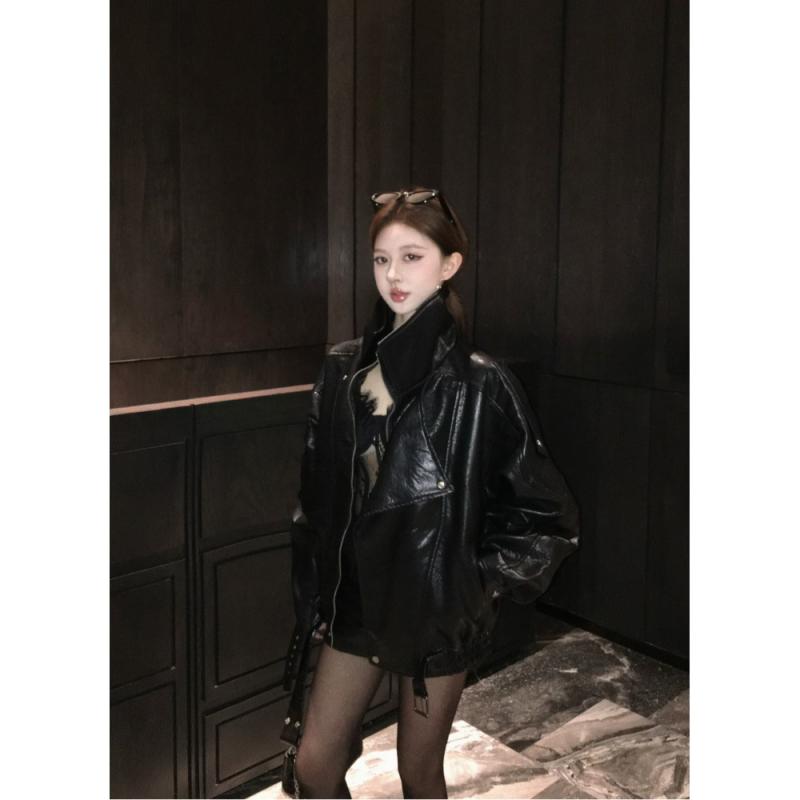 上衣 レディース 烏兎 フェイクレザー 上衣 ゆったり 照明ランプ色つや ジップアップ アウター 黒いこと 赤銅色 心地好い