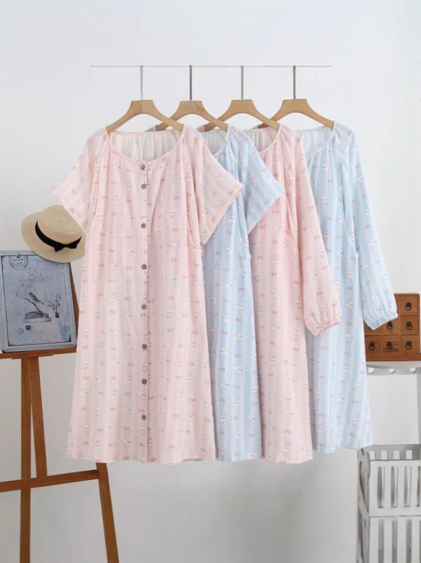 ワンピース レディース 春夏 授乳服 マタニティ パジャマ 部屋着 綿100％ 長袖 半袖 ロング Aライン 産前 産後 入院着 ブルー ピンク