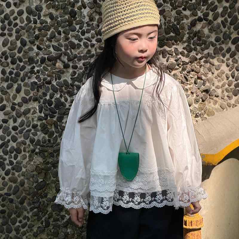 シャツ キッズ 女の子 長袖 レース 春秋 かわいい 襟付き ブラウス トップス 子供服 通学 普段使い 綿100% ホワイト