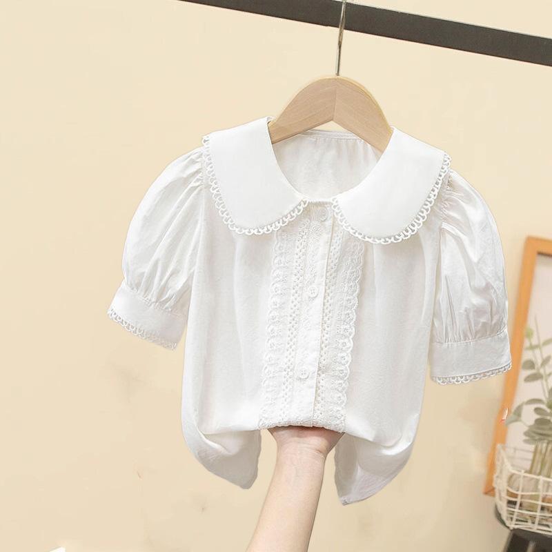 シャツ キッズ 花柄 レース 大襟 半袖 薄手 綿100% トップス ブラウス 子供 女の子 かわいい ガーリー 白 ホワイト ピンク系 パープル 110cm 120cm 130cm 140cm 150cm 160cm 170cm