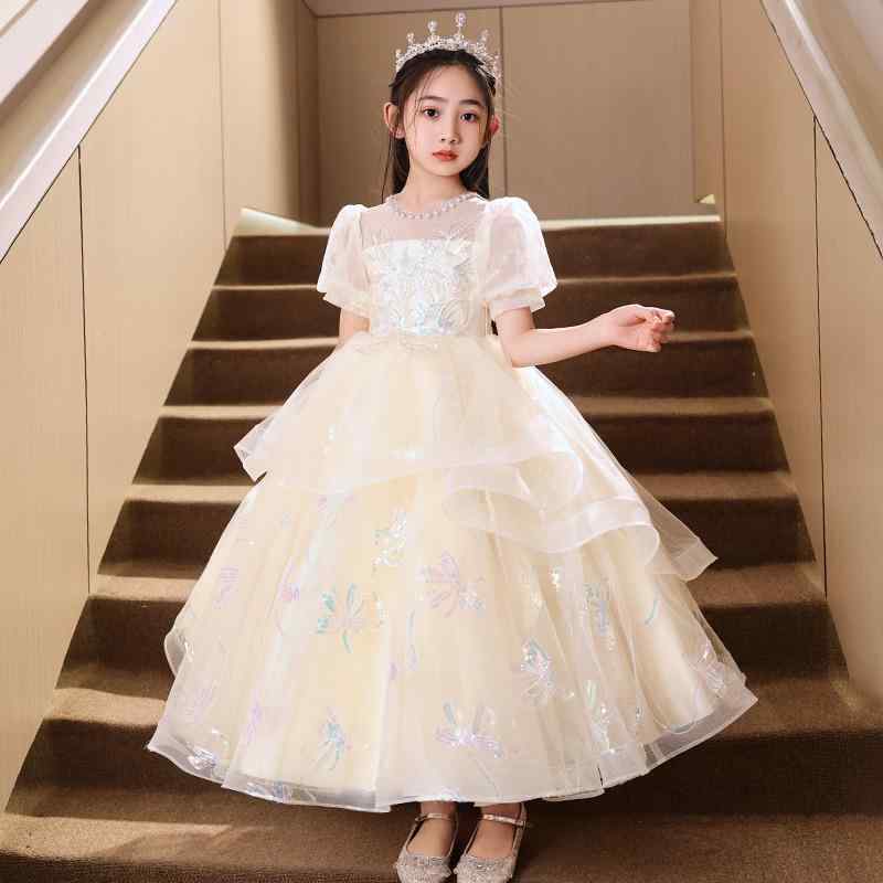 子供用 ドレス ピアノ 発表会 ガールズ フォーマル ロング丈 プリンセス ワンピース チュール スカート 結婚式 リングガール 皇冠付き ポリエステル 綿 白色 シャンパン色 110cm 120cm 130cm 140cm 150cm 160cm