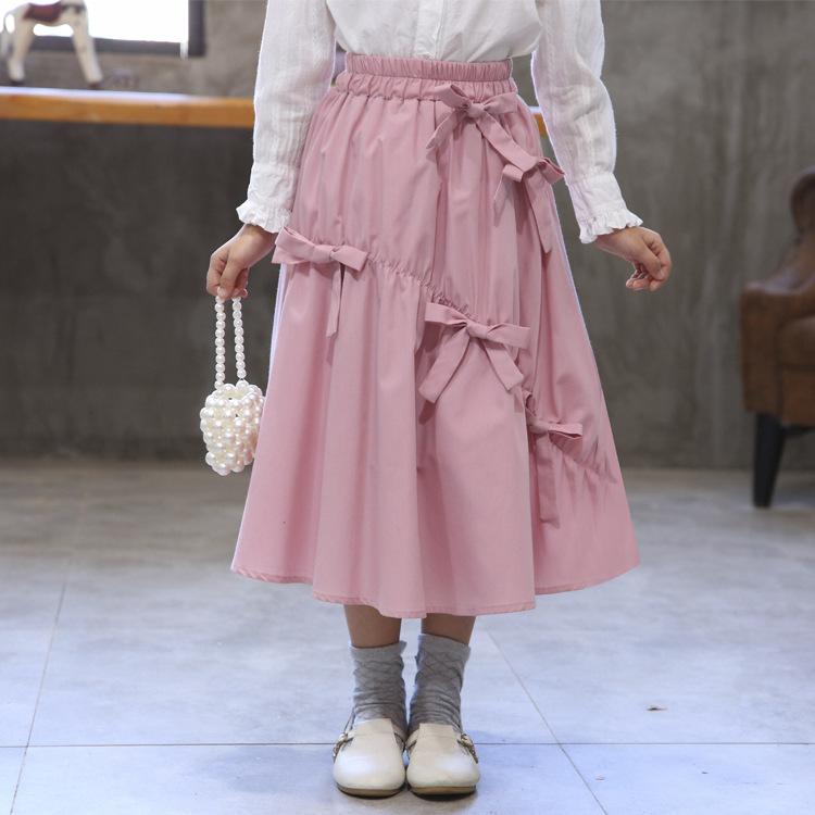 スカート キッズ 女の子 子供服 スカート 半身スカート 快適 ミドル丈スカート 蝶結び飾り付き コットン混紡 黒 白 ピンク 110cm 120cm 130cm 140cm 150cm 160cm
