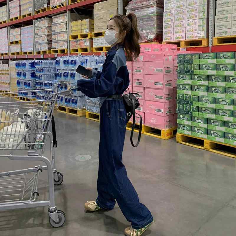 デニム レディース オールインワン 高見え 高身長 ハイウエスト ストレート ワーク カジュアル パンツ 春 スタイルアップ デニムブルー｜Tanzan