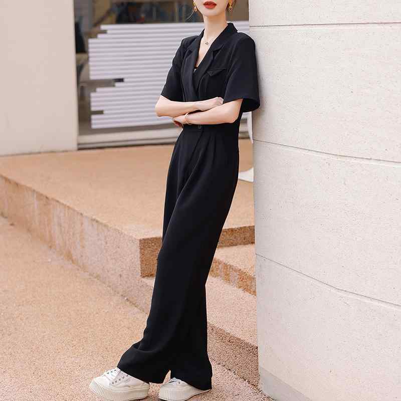 オールインワン レディース 春夏 高身長 ワイドレッグパンツ ポリエステル 高見え ブラック きれいめ エレガント オフィスカジュアル