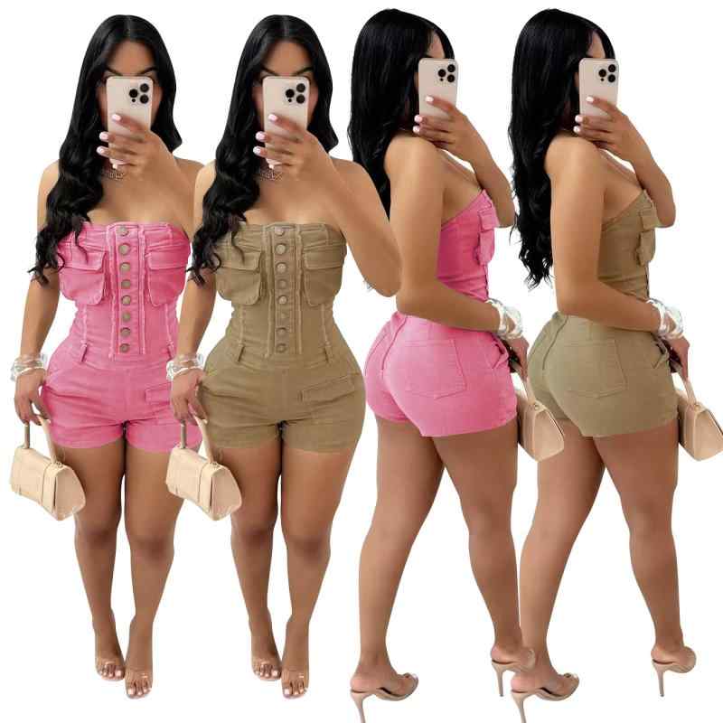 パンツ レディース 欧米風 デニム 無袖 オールインワン サロペット ジャンプスーツ かわいい ガーリー ピンク系 キャメル 高弾性 ストレッチ タイト 短パン ショートパンツ