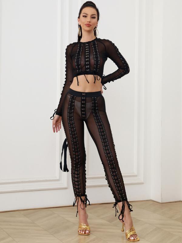 セットアップ レディース シアー 色っぽい クロップド丈 長袖トップス メッシュ ロングズボン下 金属元素バックル はと目 スピード競技引き上げる ドローストリング うつり変わり ポリエステル スパンデックス 春夏 黒いこと 白いこと