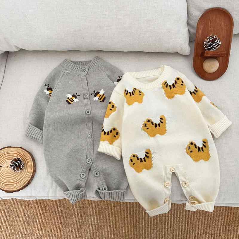 ベビー服 春秋 男女兼用 ニット セーター 長袖 ロンパース カバーオール かわいい ハチ トラ柄 綿混 66 73 80 90 100cm
