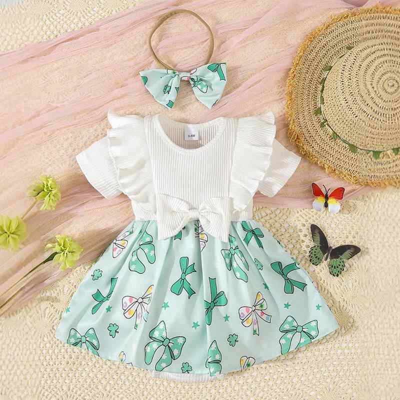 ベビー服 女の子 ロンパース カバーオール 春夏 新生児 かわいい 蝶結び 半袖 普段使い 部屋着 0-3M 3-6M 6-12M 12-18M 浅緑