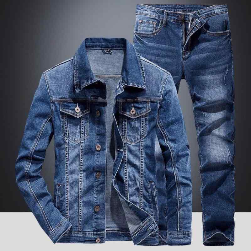 メンズ デニムセットアップ 秋物 ジージャン Gジャン デニムジャケット デニムパンツ ゆったり 普段使い 大きいサイズ 灰色 ブルー｜Tanzan