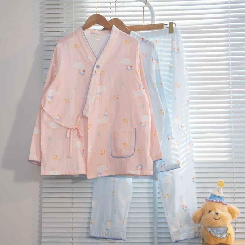 パジャマ レディース 和風 純綿 二重ガーゼ 授乳服 調節可能 ルームウェア 春夏 秋冬 薄手 長袖 長ズボン かわいい ピンク系 イエロー系 ブルー系