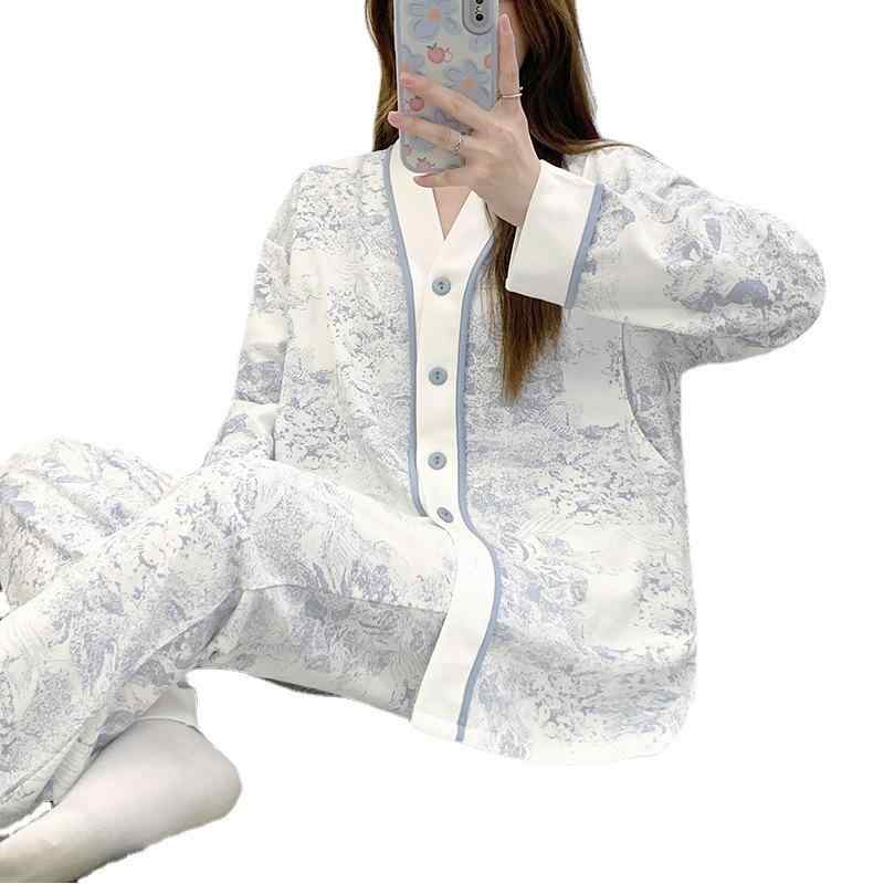 マタニティ パジャマ レディース 産後 授乳服 綿100% 長袖 長ズボン 上下セット 春秋 水墨画柄 Vネック 部屋着 ルームウェア ブルー ピンク系