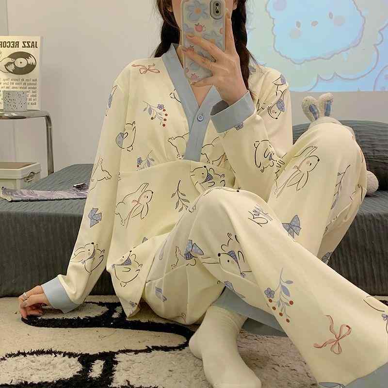 マタニティ パジャマ レディース 授乳服 上下セット 綿 長袖 ルームウェア 春夏 産後 ウサギ柄 緑 青 ピンク 紫 L XL 2XL 3XL