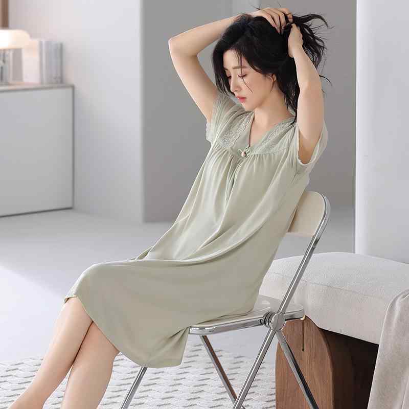 ワンピース レディース 接触冷感 Vネック 半袖 ルームウェア 部屋着 膝丈 Tシャツワンピ 天竺 綿 寝巻き 春夏 ゆったり 大きめサイズ M L XL XXL 青梅 緑 ピンク系