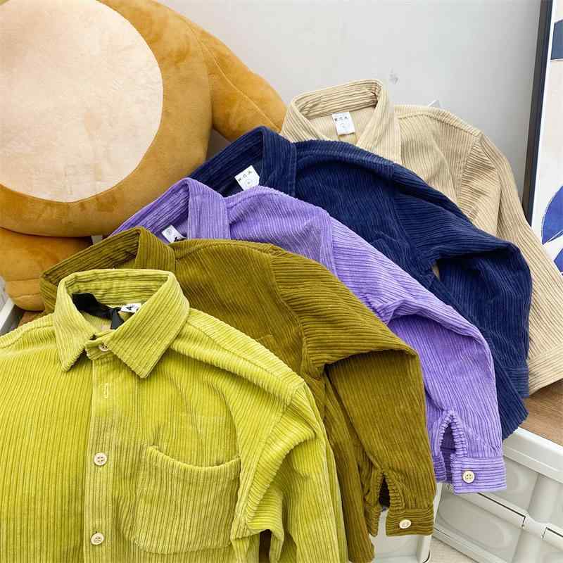 シャツ キッズ 長袖 コーデュロイ 春秋 男の子 女の子 韓国 子供服 トップス アウター ベージュ ブラウン ブルー イエロー パープル 90cm 100cm 110cm 120cm 130cm 140cm