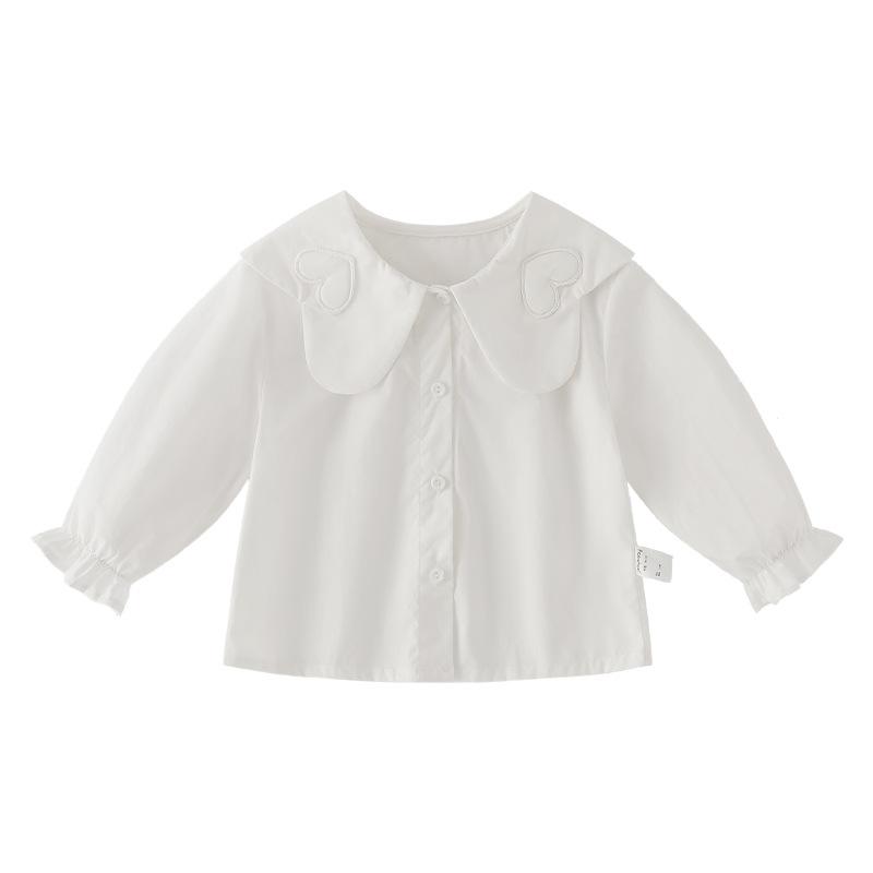 シャツ キッズ 女の子 子供服 ブラウス 長袖 春秋 かわいい フリル襟 開襟 コットン100% 抗菌 無地 ホワイト ブルー 80 90 100 110 120 130 140 150 160cm