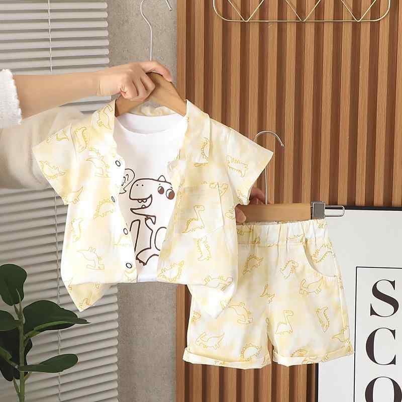 キッズ ベビー服 夏物 3点セット 恐竜柄 半袖シャツ ハーフパンツ 上下セット 薄手 幼児 男の子 かわいい カジュアル 普段着