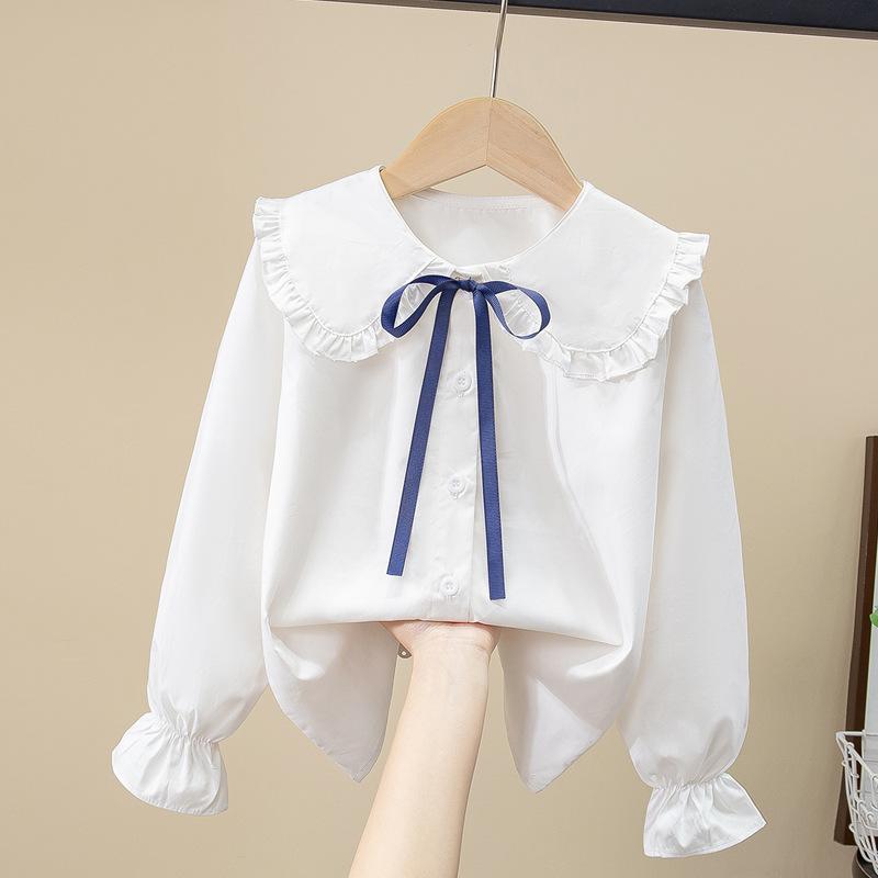 子供服 シャツ 女の子 長袖 春秋 韓国風 ブラウス 140cm 150cm 160cm 白 トップス 発表会 演奏会 冠婚葬祭 フォーマル かわいい 蝶結び 清楚 無地 普段使い