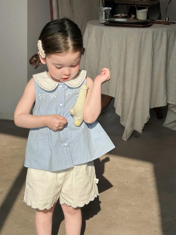 子供服 セットアップ 女児 夏 ベビー服 刺繍 ノースリーブ トップス ショートパンツ 綿100% 幼児 かわいい 韓国風 上下セット