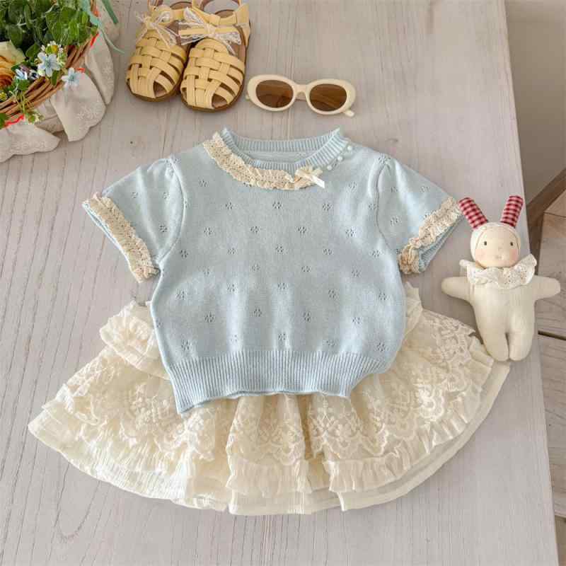 子供服 女の子 ニット 半袖 Tシャツ レース スカート 2点セット かわいい 夏物 薄手 コットン