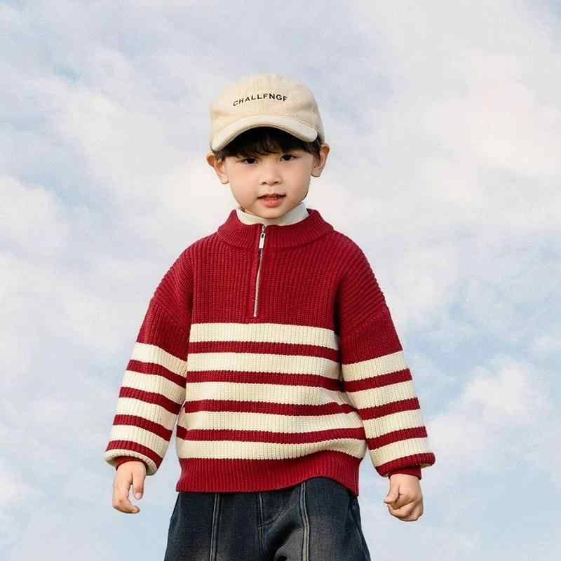 ニット キッズ ベビー トップス 厚手 防寒 ストライプ 男女兼用 子供 赤色 かわいい 韓国風 普段使い