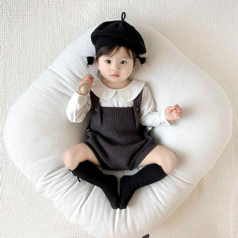 ベビー服 春秋 ニット サロペット ショートパンツ 男女兼用 赤ちゃん 新生児 カバーオール 百搭 グレー