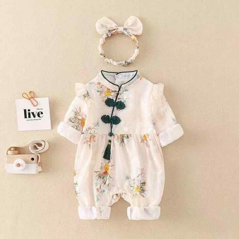 ベビー服 春秋 長袖ロンパース カバーオール 女の子 新生児 コットン かわいい 扇子 バタフライ 小花柄 レース フリル 薄手 ベージュ ピンク系