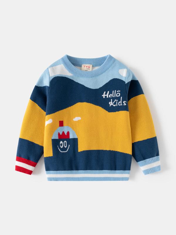 ニット キッズ 男の子 厚手 セーター 子供服 カートーン ボーダー柄 リブ編み クルーネック 普段着 秋冬