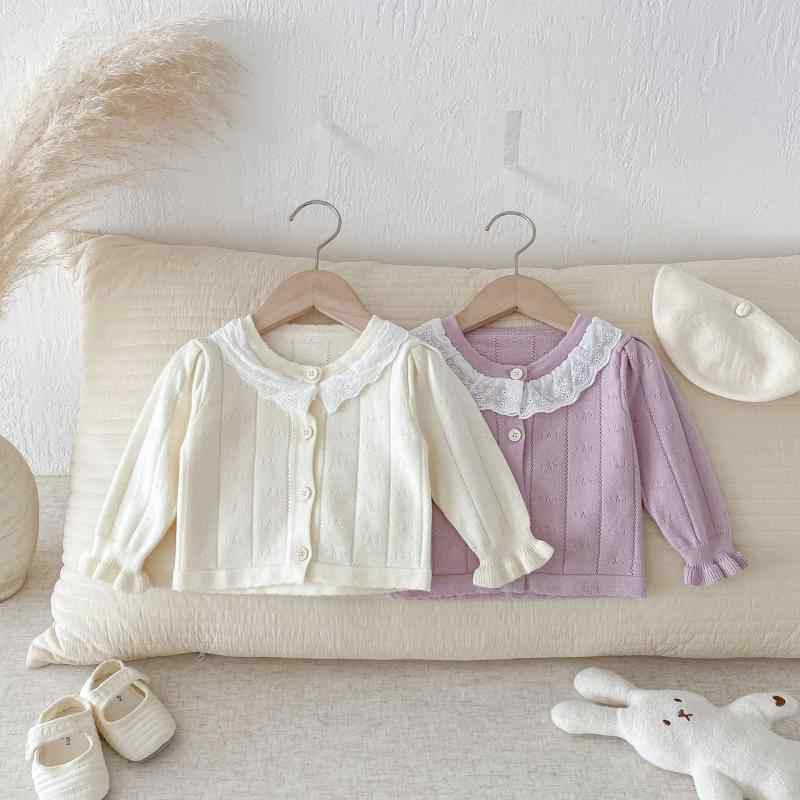 ニット カーディガン ベビー服 女の子 レース 丸首 長袖 コットン 柔らかい かわいい 赤ちゃん アウターウェア 66cm 73cm 80cm 90cm 100cm