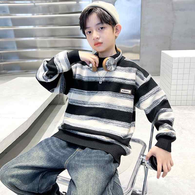 ニット キッズ 男の子 冬用 トップス ストライプ 厚手 子供服 セーター 秋冬 防寒 普段着 通学着 コットン