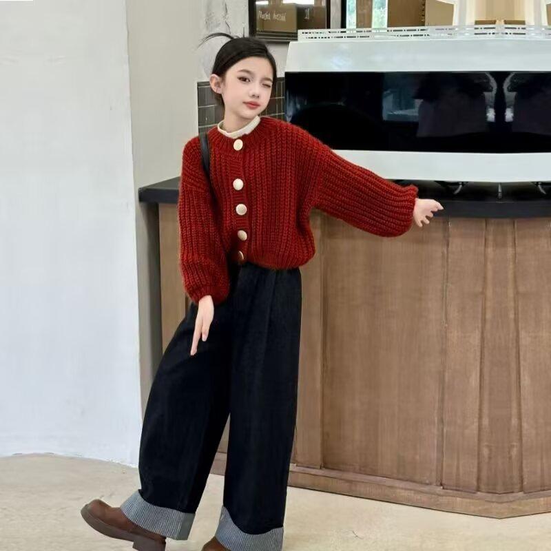 ニット カーディガン キッズ 女の子 子供服 トップス 長袖 秋冬 レッド 赤色 120cm 130cm 140cm 150cm 160cm 170cm 中学生 大学生