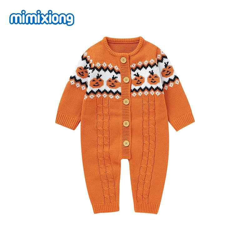ベビー服 ハロウィン かわいい 南瓜 ジャカード ニット ロンパース カバーオール 長袖 秋冬 赤ちゃん 幼児 乳児 普段使い お出かけ着 記念撮影 オレンジ系