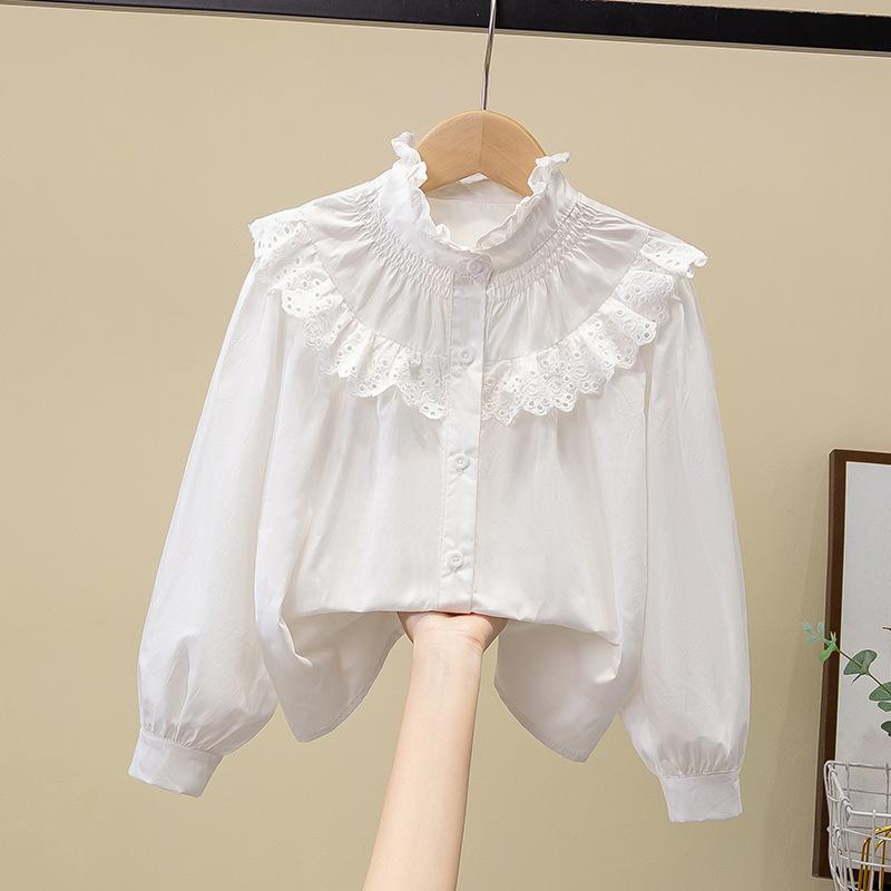 シャツ ガールズ 長袖 白 レース 春秋 トップス 子供服 女の子 小学生 高学年 ジュニア 立襟 かわいい 清楚 おしゃれ 韓国風 通学着 普段着
